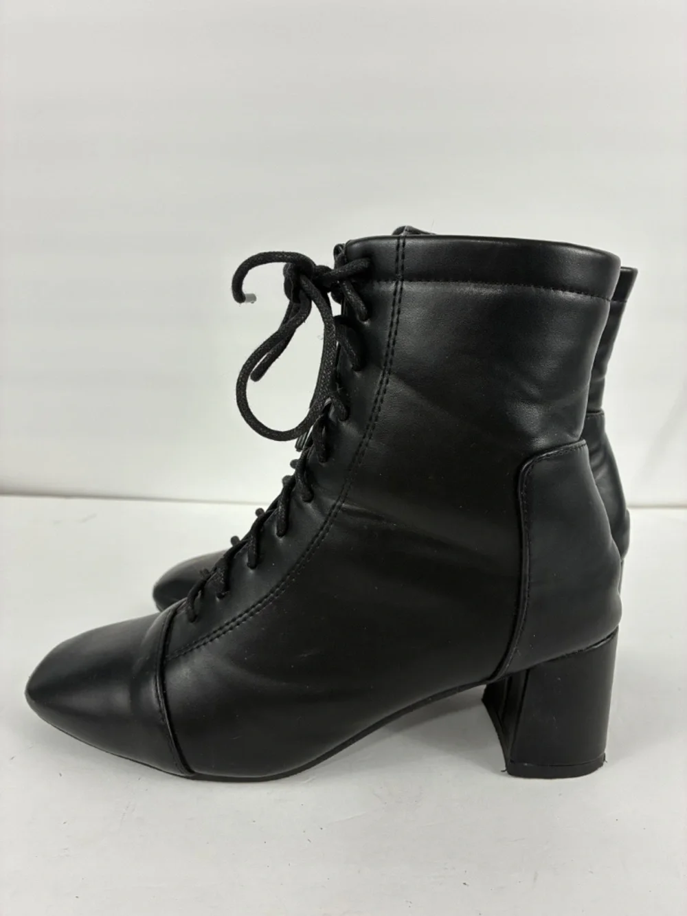 Witchy Lace-up Witch Boots Black Square Toe Fitted Ankle Smooth Vegan Leather